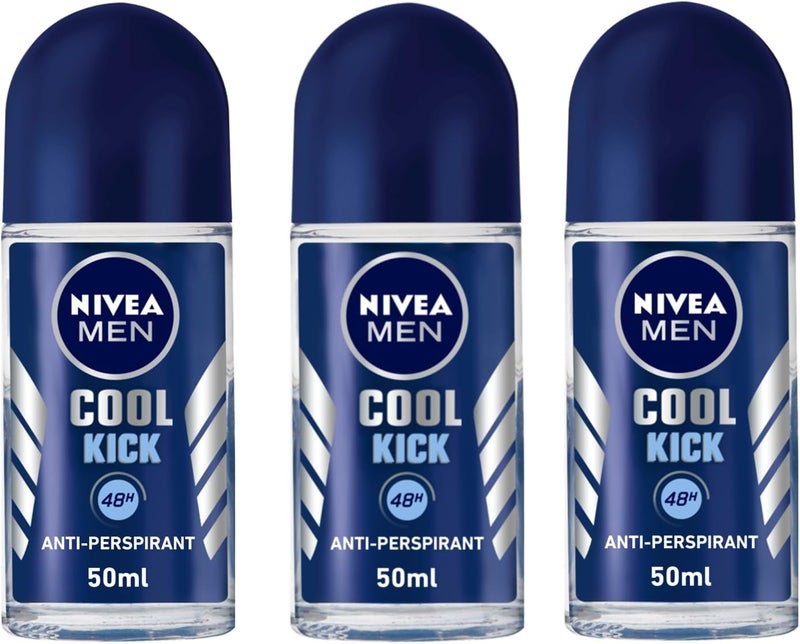 NIVEA MEN Deodorant Roll-on, 48h Protection, Cool Kick Fresh Scent, Pack of 3 (50ml each) - Image 1